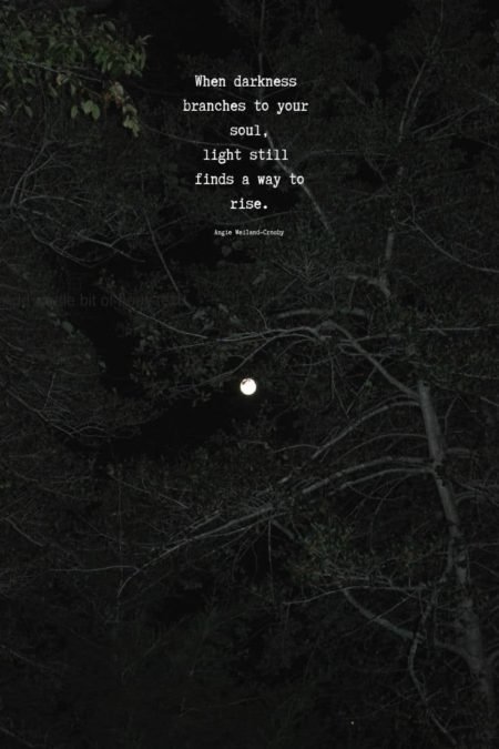 grief quote with a full moon and tree branches...When darkness branches to your soul, light still finds a way to rise.