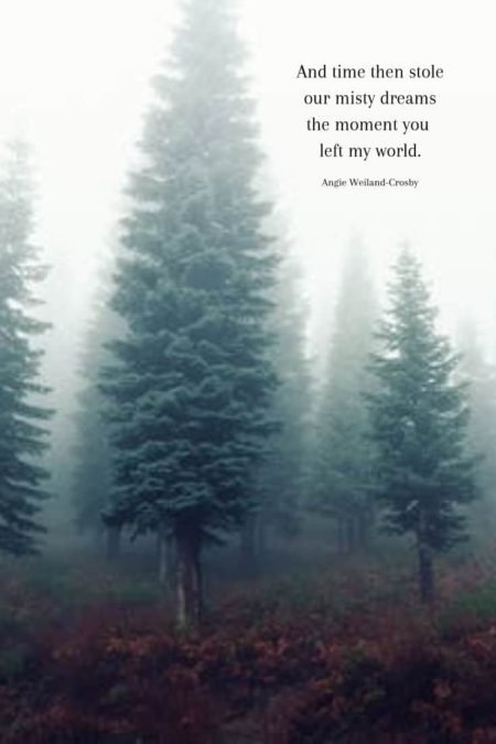 grief quote with trees in the mist...