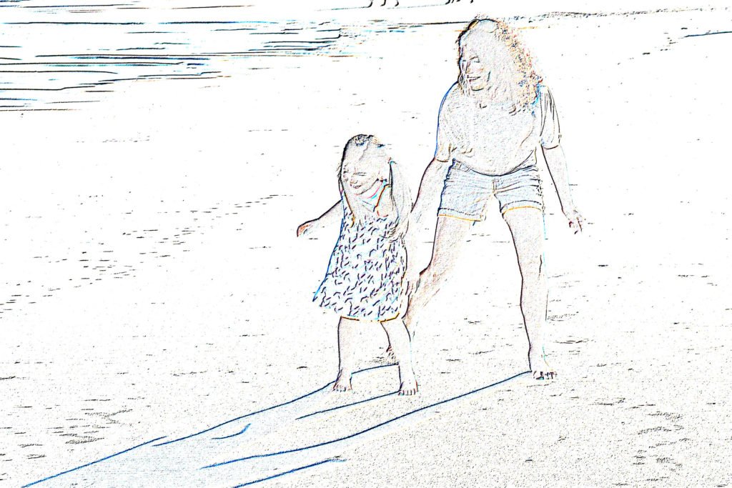 daughter, remember me like this...a colored pencil image of a mom and daughter on the beach...