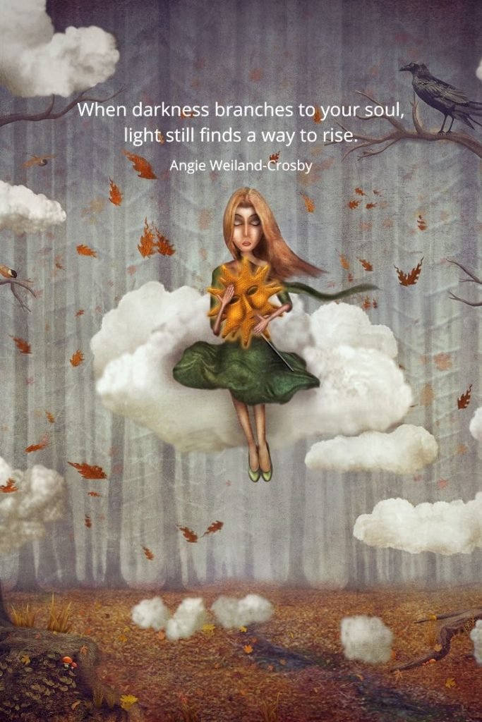 fantasy art of a girl on a cloud holding a sun with an inspirational quote..."When darkness branches to your soul, light still finds a way to rise."