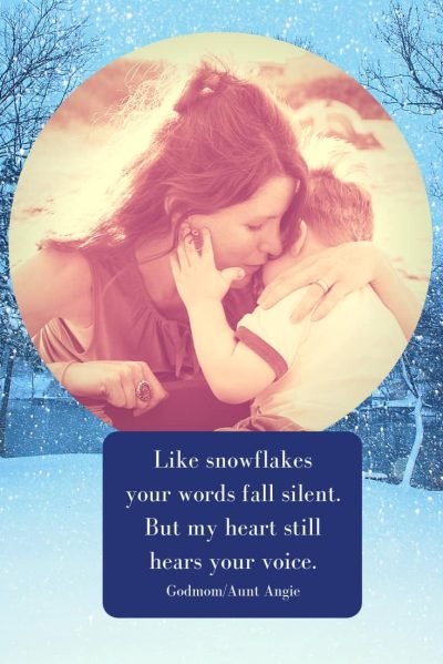 a woman and boy hugging in a snowglobe...